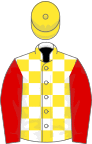 White and yellow checked, red sleeves, yellow cap