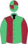 Emerald green and maroon (halved), sleeves reversed, emerald green and maroon quartered cap