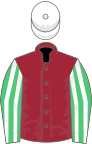 Maroon, emerald green and white striped sleeves, white cap