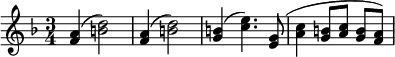 \version "2.14.2" \relative c' { \key f \major \time 3/4 \set Timing.beamExceptions = #' \set Score.tempoHideNote = ##t \tempo 4 = 160 <f a>4( <b d>2) <f a>4( <b d>2) <g b>4( <c e>4.) <e, g>8( <a c>4 <g b>8 <a c> <g b> <f a>) }