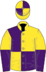 Yellow and purple (quartered), halved sleeves, quartered cap