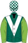 Dark green, white chevron, light green sleeves, dark green and white check cap
