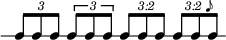  { \override Score.TimeSignature #'stencil = ##f \new RhythmicStaff { \clef percussion \time 5/4 \set Score.tempoHideNote = ##t \tempo 4 = 100 \tuplet 3/2 { c8 c c } \once \override TupletBracket.bracket-visibility = ##t \tuplet 3/2 { c8 c c } \once \override TupletNumber.text = #tuplet-number::calc-fraction-text \tuplet 3/2 { c8 c c } \once \override TupletNumber.text = #(tuplet-number::append-note-wrapper (tuplet-number::non-default-tuplet-fraction-text 3 2) "8") \tuplet 3/2 { c8 c c } } } 