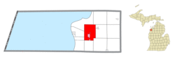 Location within Benzie County (red) and the administered villages of Benzonia and Beulah (pink)