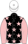 Black, pink stars, pink sleeves, white cap, black stars