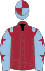 Maroon, light blue epaulets, light blue sleeves, maroon stars, quartered cap