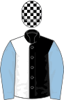 Black and White (halved), check cap, Light Blue sleeves