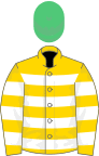 Gold, white hoops, emerald green cap