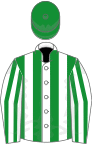 White, green stripes, green cap