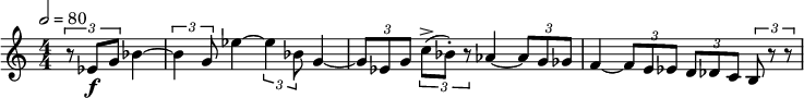  \relative c' { \set Staff.midiInstrument = #"french horn" \clef treble \numericTimeSignature \time 4/4 \tempo 2 = 80 \partial 4*2 \times 2/3 { r8 ees\f g } bes4~ | \times 2/3 { bes4 g8 } ees'4~ \times 2/3 { ees4 bes8 } g4~ | \times 2/3 { g8 ees g } \times 2/3 { c->( bes-.) r } aes4~ \times 2/3 { aes8 g ges } | f4~ \times 2/3 { f8 e ees } \times 2/3 { d des c } \times 2/3 { b r r } } 