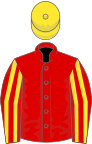 Red, yellow striped sleeves, yellow cap