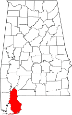 Map of Alabama highlighting Baldwin County