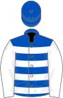 Royal blue, white hoops and sleeves, royal blue cap