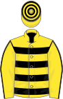 Yellow, black hoops, yellow sleeves, black seams