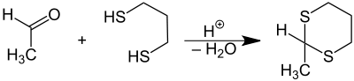 Synthesis of a dithioacetal from acetaldehyde and 1,3-propanedithiol