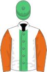 White, emerald green stripe, orange sleeves, emerald green cap