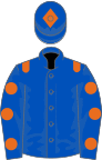 Royal blue, orange epaulets, royal blue sleeves, orange spots, royal blue cap, orange diamond