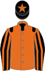 Orange, black epaulets, black and orange striped sleeves, black cap, orange star