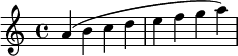 { \override Score.Time Signature #'stencil = ##f \relative c'' { a4( b c d e f g a) } }