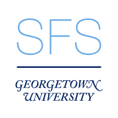 The capital letters SFS in a sans-serif font in a sky blue color above a navy dividing bar, below which has Georgetown University spelled in all capitals, a swash serif font, and navy color.