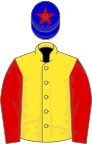 Yellow, red sleeves, blue cap, red star