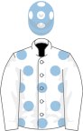 White, light blue spots, white sleeves, light blue cap, white spots