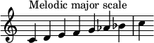  { \override Score.TimeSignature #'stencil = ##f \relative c' { \clef treble \time 7/4 c4^\markup { Melodic major scale } d e f g aes bes c } } 