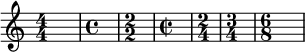  { \override Score.SpacingSpanner.strict-note-spacing = ##t \set Score.proportionalNotationDuration = #(ly:make-moment 1/1) \key c \major \relative c' { \numericTimeSignature \time 4/4 s1 \defaultTimeSignature \time 4/4 s1 \numericTimeSignature \time 2/2 s1 \defaultTimeSignature \time 2/2 s1 \time 2/4 s2 \time 3/4 s2. \time 6/8 s2. } } 