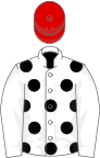 White, black spots, white sleeves, red cap