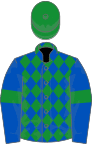Royal blue, green diamonds, armlets and cap
