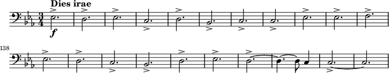  \relative c { \set Score.tempoHideNote = ##t \tempo 2 = 86 \set Staff.midiInstrument = #"tuba" \set Score.currentBarNumber = #127 \key c \minor \time 3/4 \clef bass es2.->\f^\markup { \large \bold "Dies irae" } d-> es-> c-> d-> bes-> c-> c-> es-> es-> f-> es-> d-> c-> bes-> d-> es-> d~-> d4.~ d8 c4 c2.~-> c2. } 