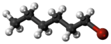 Ball and stick model of 1-bromohexane