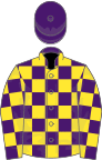Purple and yellow check, purple cap