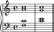  \new PianoStaff << \new Staff << \new Voice \relative c'' { \stemUp \clef treble \key c \major \time 4/4 c1 c } \new Voice \relative c'' { \stemDown a1 g } >> \new Staff << \new Voice \relative c' { \stemUp \clef bass \key c \major \time 4/4 c1 e } \new Voice \relative c { \stemDown f1 c' \bar "||" } >> >> 