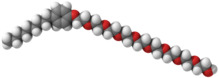 Ball-and-stick model of a nonoxynol-9 molecule.