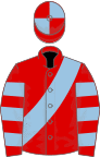 Red, light blue sash, hooped sleeves, quartered cap
