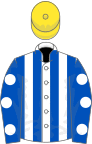 White and royal blue stripes, royal blue sleeves, white spots, yellow cap