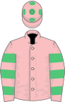 PINK, emerald green hooped sleeves, pink cap, emerald green spots