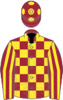 Maroon and yellow check, striped sleeves, maroon cap, yellow spots