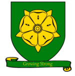 A coat of arms showing a golden rose with five petals on a green field