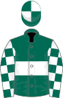 Dark green, white hoop, checked sleeves, quartered cap