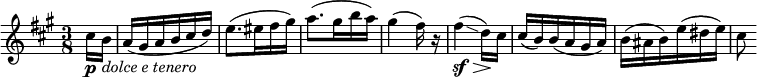  \relative c'' { \set Score.tempoHideNote = ##t \tempo 4. = 60 \set Staff.midiInstrument = #"violin" \set Score.currentBarNumber = #39 \key a \major \time 3/8 \override TextSpanner.bound-details.left.text = \markup { \large \upright \bold "rallent." } \partial 8 cis16\p b16_\markup { \italic "dolce e tenero" } a( gis a b cis d) e8.( eis16 fis gis) a8.( gis16 b a) gis4( fis16) r fis4\sf\>(\glissando d16)\! cis cis( b) b( a gis a) b( ais b) e( dis e) cis8 } 