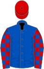 Royal blue, royal blue and red check sleeves, red cap