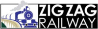 A badge with an drawing of a steam locomotive crossing a viaduct bridge, alongside the words "Zig Zag Railway" printed in white on a black background.