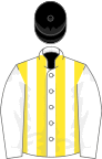 White, yellow stripes on body, black cap