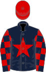 Dark blue, red star, checked sleeves, red cap