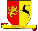 A coat of arms showing a gold on red lion and a black on gold crowned stag combatant.