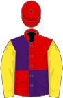 Red and purple (quartered), yellow sleeves, red cap
