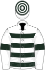 White and dark green hoops, white sleeves, dark green armlets, hooped cap