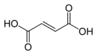 Fumaric acid consists of two double-bonded carbon atoms capped on both sides by carboxylic acid groups C O O H; thus, its chemical formula is C O O H C H C H C O O H. The molecule has two ionizable hydrogen atoms and thus two p K As. The central double bond is in the trans configuration, which holds the two carboxylate groups apart. This contrasts with the cis isomer, maleic acid.